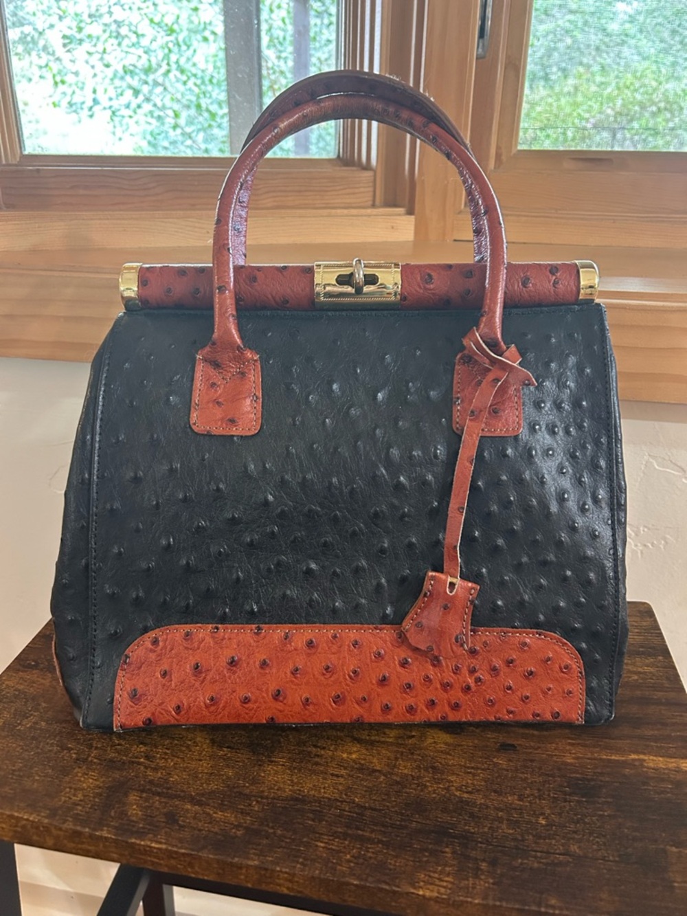 Two-Tone Black and Brown Ostrich-Effect Structured Satchel